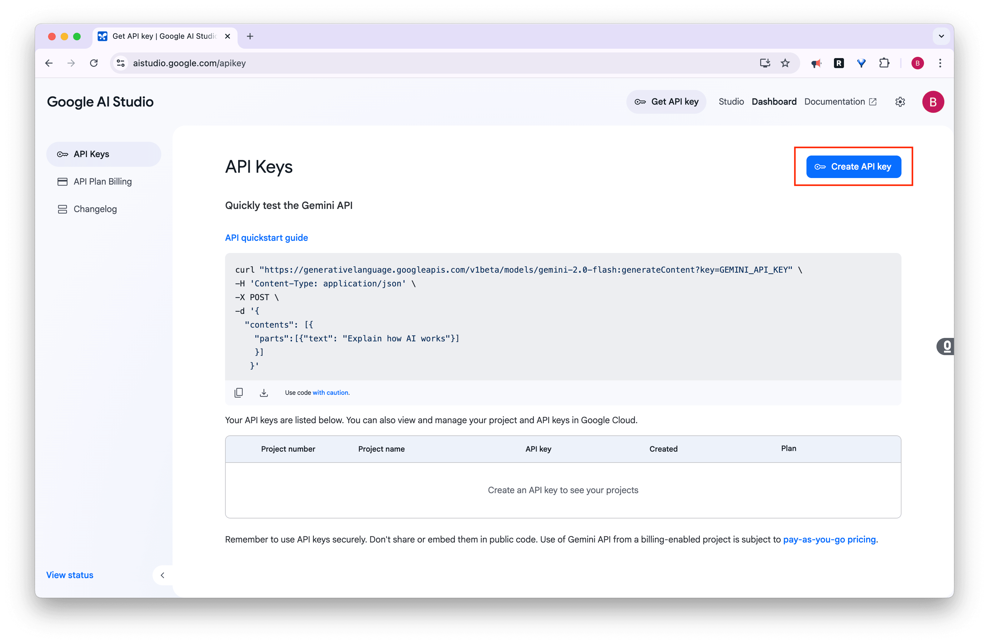 Google AI Studio 创建 API 页面